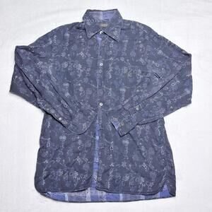 Canali Men’s Sport Shirt Medium Navy Blue Floral Chambray Club Made In Italy MOP
